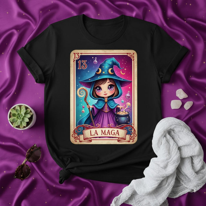 LA MAGA Loteria Card T-Shirt: Cute Cartoon Witch Design, Number 13, Mystical Fantasy Graphic Tee, Unisex Halloween Costume or Everyday Wear Apparel Mexicada
