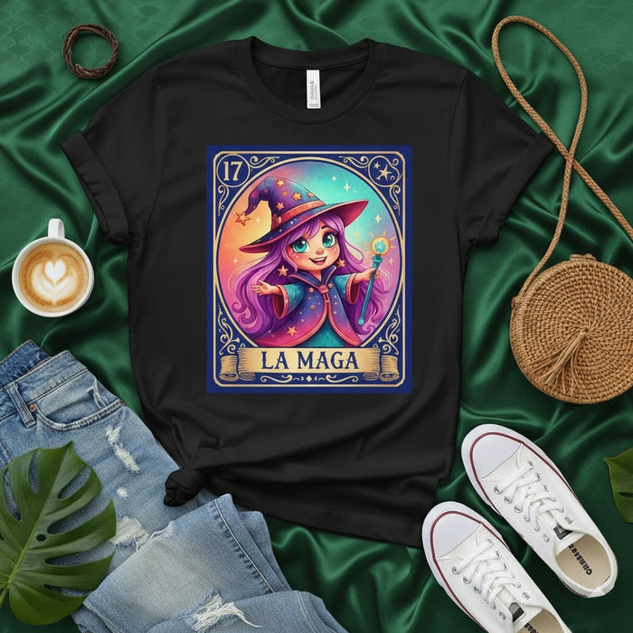 LA MAGA Loteria Card T-Shirt: Cute Cartoon Witch Design, Unisex Graphic Tee, Purple Hair Sorceress Fantasy Art, Mexican Game Style, Magic Stars Wizard Hat Apparel Mexicada