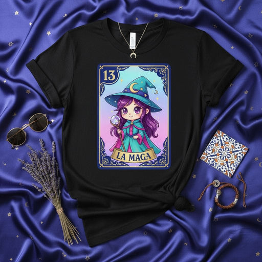 LA MAGA Loteria Card T-Shirt, Cute Cartoon Witch, Number 13, Mystical Fantasy Shirt, Magical Design, Unisex Halloween Gift Tee Mexicada
