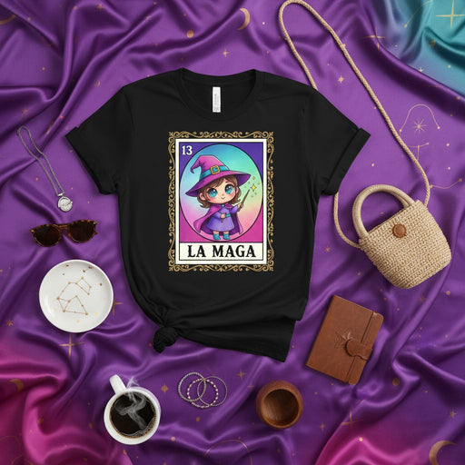 LA MAGA Loteria Card T-Shirt Cute Chibi Witch Magical Mystical Design Tee Unisex Top Size 13 Number Traditional Mexican Bingo Game The Sorceress Gift Idea for Halloween Costume Birthday Holiday Mexicada