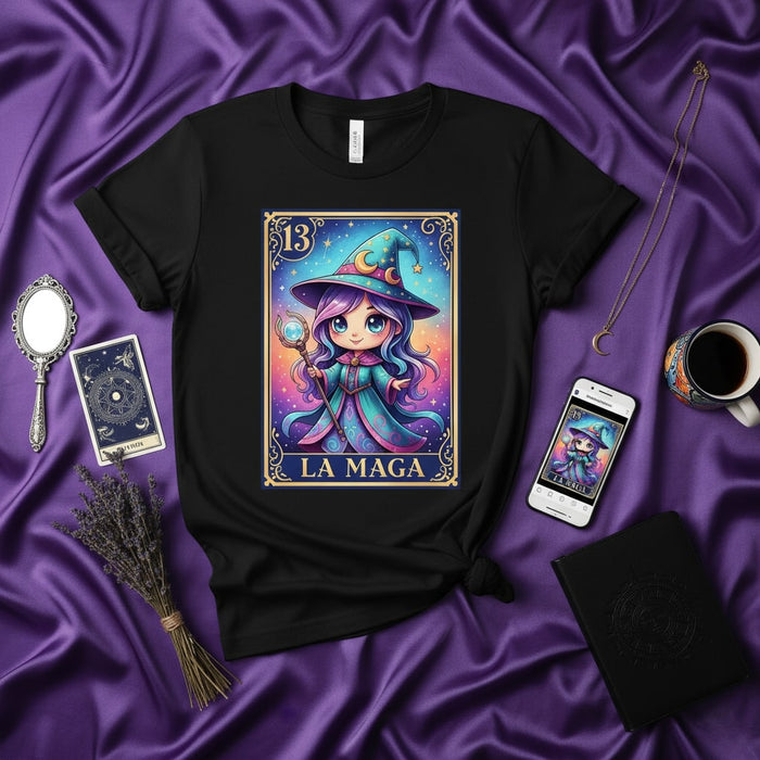 LA MAGA Loteria Card T-Shirt Cute Chibi Witch Magical Mystical Women's Men's Unisex Tee Shirt Gift Idea Mexicada