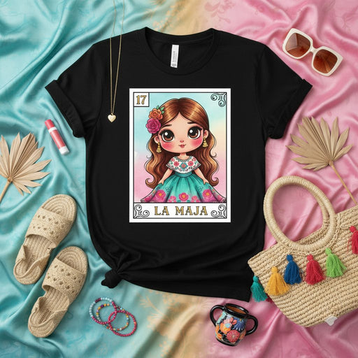 LA MAJA Cute Mexican La Lotería Card 17 Design Unisex T-Shirt - Floral Brunette Girl Graphic Tee for Her, Hispanic Heritage Apparel Gift Idea, Traditional Bingo Game Art Print Top Mexicada