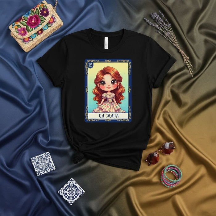LA MAJA Cute Mexican Loteria Card Graphic Tee | Black Unisex T-Shirt with Kawaii Woman Design, Number 12 Spanish Bingo Game Style Shirt, Latina Culture Gift Top, Descriptive Keyword Focused Title at or Under 240 Characters Mexicada