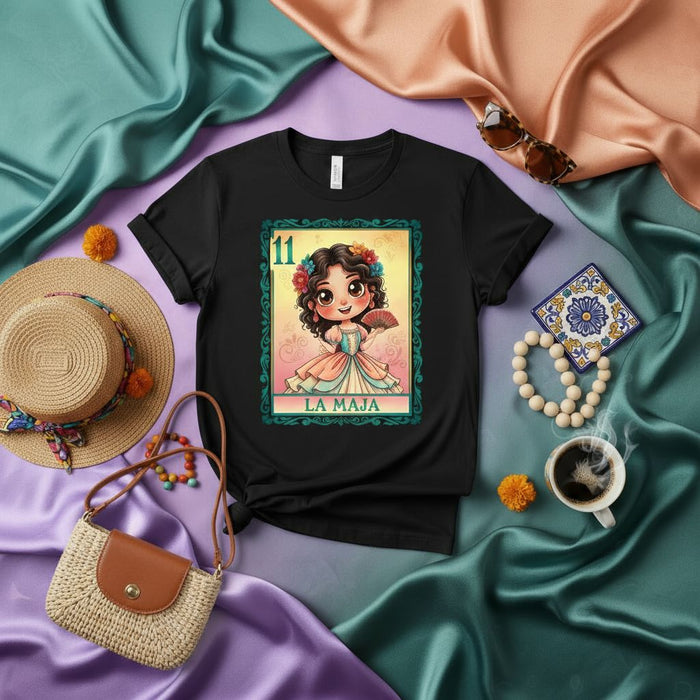 LA MAJA Cute Mexican Loteria Card Number 11 Graphic T-Shirt | Boho Chic Girl with Fan Floral Crown Tee | Unisex Game Night Gift for Him Her Mexicada