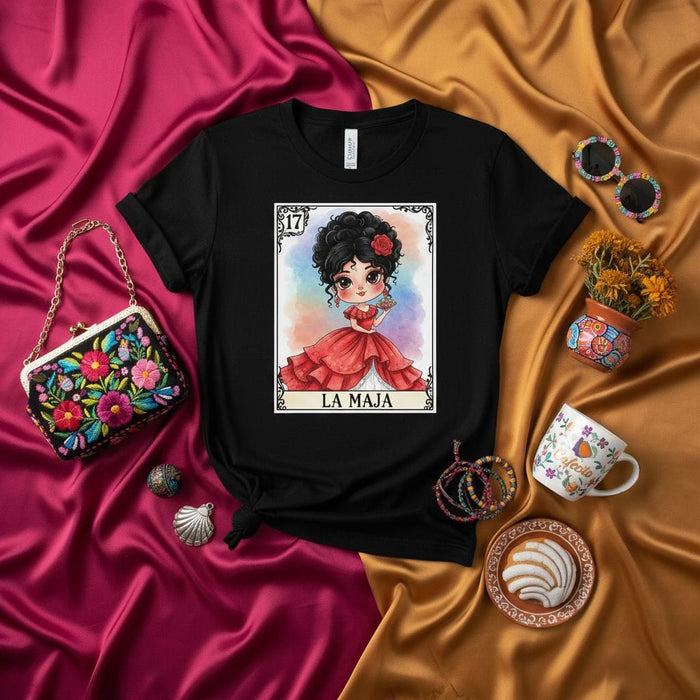 LA MAJA La Lotería Card 17 Cute Chibi Mexican Bingo Character T-Shirt, Women's Spanish Folkloric Graphic Tee, Day of the Dead Inspired Game Art Print Top for Men & Women Mexicada