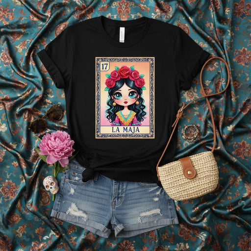 LA MAJA La Loteria Card T-Shirt, Cute Mexican Bingo Game Art, Day of the Dead Shirt, Women's Floral Crown Graphic Tee, Spanish Heritage Gift, Number 17 Black Unisex Shirt Mexicada