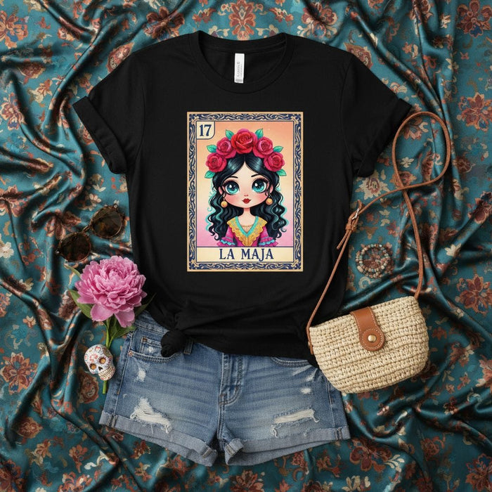 LA MAJA La Loteria Card T-Shirt, Cute Mexican Bingo Game Art, Day of the Dead Shirt, Women's Floral Crown Graphic Tee, Spanish Heritage Gift, Number 17 Black Unisex Shirt Mexicada