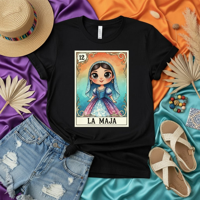 LA MAJA Loteria Card T-Shirt Cute Cartoon Doll Traditional Mexican Bingo Game Card Graphic Tee Spanish Cultural Women's Unisex Shirt Gift Idea for Her Mexicada