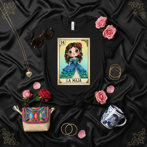 LA MAJÁ Loteria Card T-Shirt, Cute Cartoon Girl in Blue Dress Graphic Tee, Mexican Bingo Game Art Shirt, Traditional Culture Unisex Apparel, Number 14 Design Mexicada