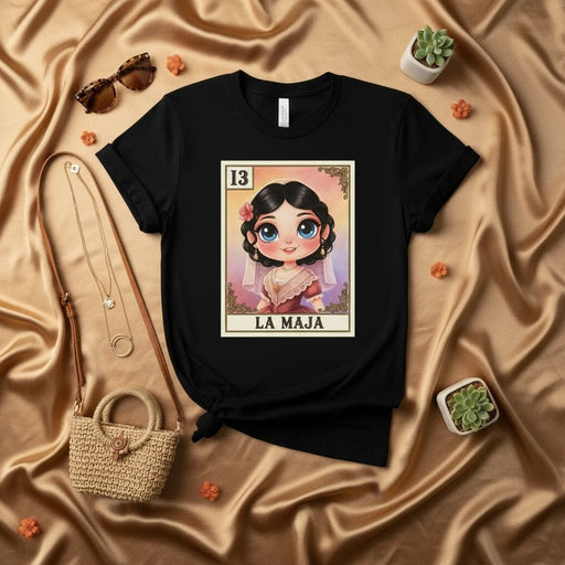 LA MAJA Loteria Card T-Shirt, Cute Cartoon Style Mexican Bingo Game Design Tee, Traditional Latina Fashion Graphic Shirt, Number 13, Gift for Her Mexicada