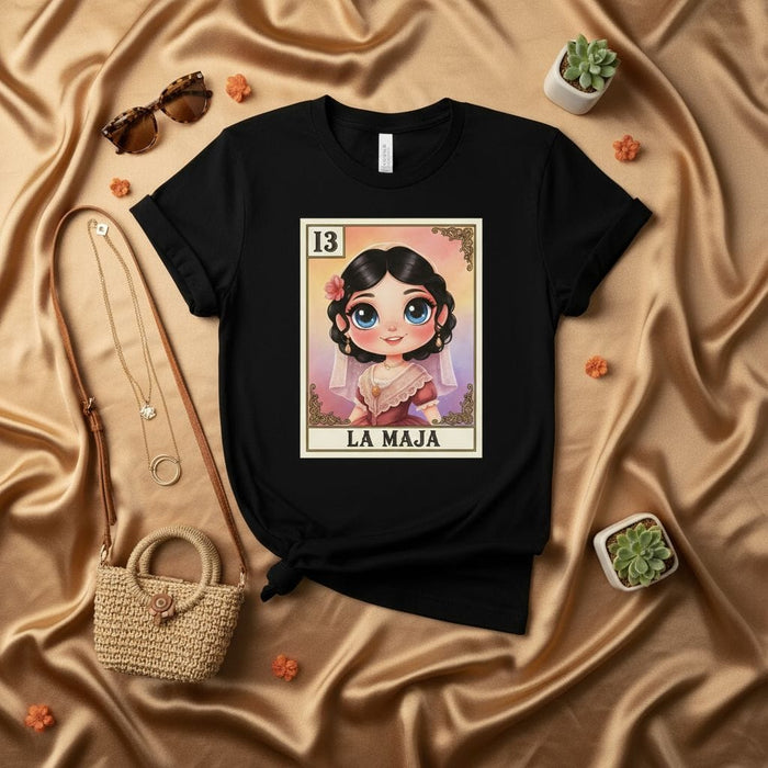 LA MAJA Loteria Card T-Shirt, Cute Cartoon Style Mexican Bingo Game Design Tee, Traditional Latina Fashion Graphic Shirt, Number 13, Gift for Her Mexicada