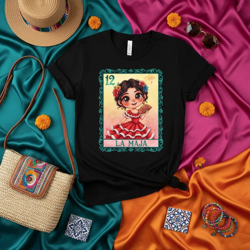 LA MAJA Loteria Card T-Shirt, Cute Mexican Bingo Game La Maja Graphic Tee, Hispanic Heritage Apparel for Women, Unisex Adult Shirt, Number 12 Design Gift Mexicada