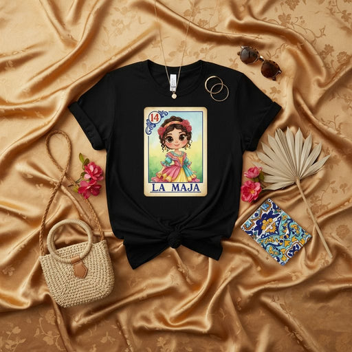 LA MAJA Mexican Loteria Card Graphic T-Shirt | Number 14 Cute Chibi Art | Fiesta Party Gift | Traditional Spanish Game Unisex Tee for Women and Men Mexicada