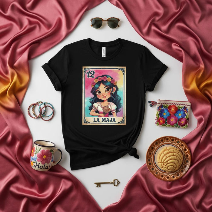 LA MAJA Mexican Loteria Card Graphic T-Shirt Unisex, Floral Headband Woman Folk Art Style Tee, Traditional Spanish Bingo Game Inspired Design, Cute Latina Gift Idea Mexicada