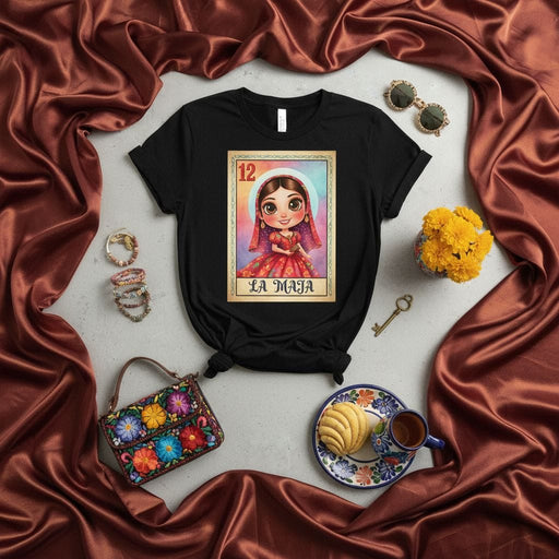 LA MAJA Mexican Loteria Card Graphic T-Shirt Unisex, Vintage Inspired Hispanic Culture Folk Art Style Tee, Number 12 Traditional Game Design Top Mexicada