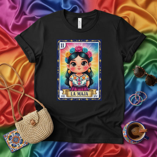 La Maja Mexican Loteria Card T-Shirt, Cute Cartoon Girl with Flower Crown, Folkloric Embroidery Style, Traditional Hispanic Game Art, Unisex Graphic Tee Gift Mexicada