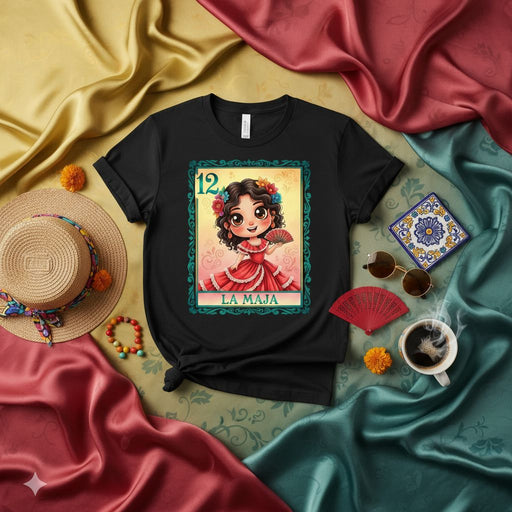 LA MAJA - Women's La Maja Loteria Card Shirt - Cute Vintage Mexican Bingo Game Art Tee - Number 12 - Unisex Graphic T-Shirt - Day of the Dead Inspired Fashion - Traditional Folkloric Style Gift Mexicada