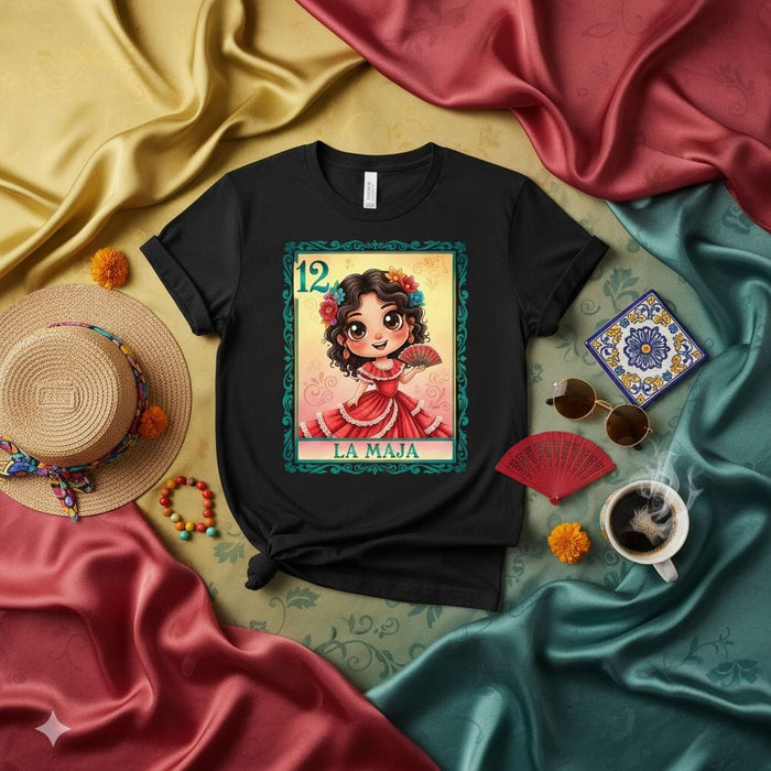LA MAJA - Women's La Maja Loteria Card Shirt - Cute Vintage Mexican Bingo Game Art Tee - Number 12 - Unisex Graphic T-Shirt - Day of the Dead Inspired Fashion - Traditional Folkloric Style Gift Mexicada