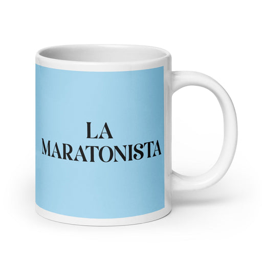 La Maratonista The Marathon Runner Funny Home Office Work Coffee Mug Mexican Spanish Pride Gift White Glossy Cup Sky Blue Card Mug Mexicada 20 oz