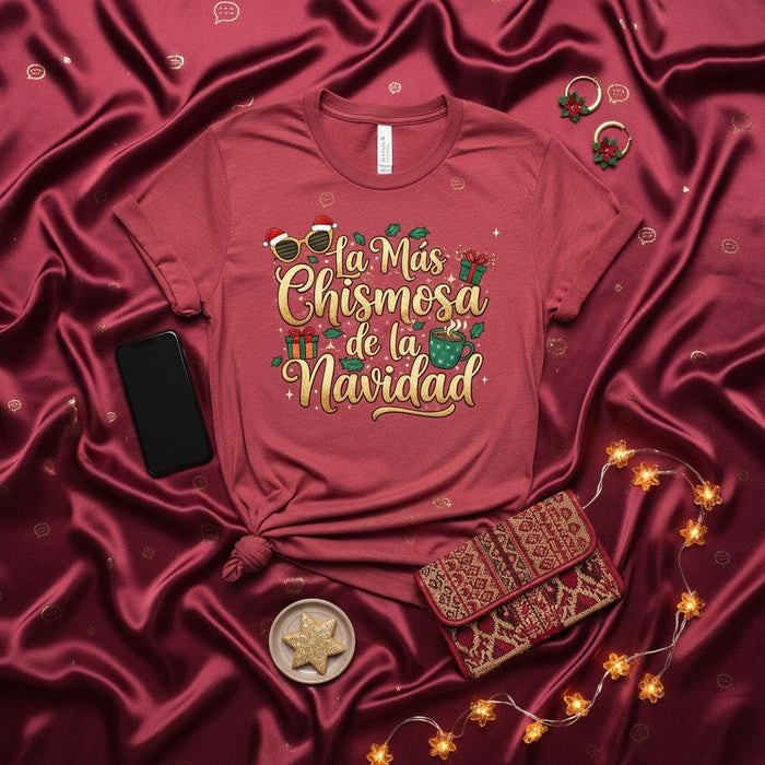 La Más Chismosa de la Navidad Funny Spanish Christmas T-Shirt, Holiday Gossip Tee, Latina Christmas Gift for Her, Cute Secret Santa Shirt, Red Unisex Short Sleeve Top, Navidad Party Outfit Idea Mexicada