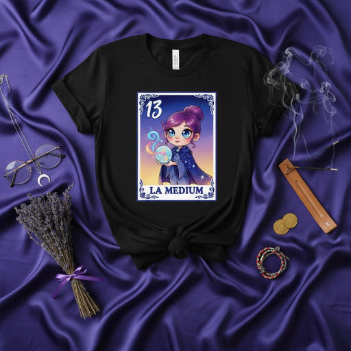LA MEDIUM Card Loteria Style T-Shirt, Cute Cartoon Psychic Medium Girl with Crystal Ball Graphic Tee, Mexican Bingo Inspired Game Shirt, Number 13 Spiritual Tarot Mystic Gift Top Mexicada