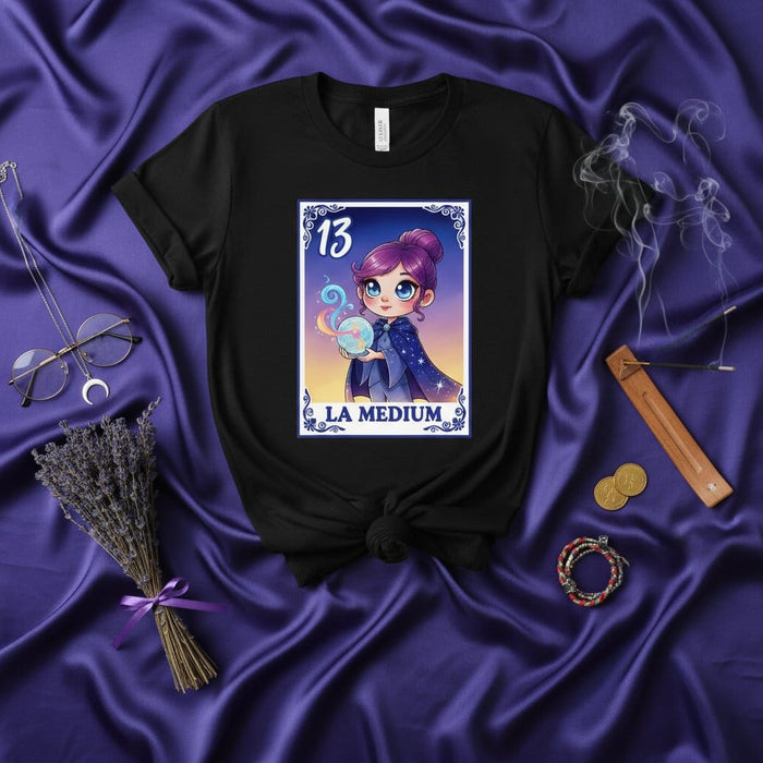 LA MEDIUM Card Loteria Style T-Shirt, Cute Cartoon Psychic Medium Girl with Crystal Ball Graphic Tee, Mexican Bingo Inspired Game Shirt, Number 13 Spiritual Tarot Mystic Gift Top Mexicada