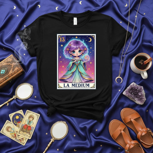 LA MEDIUM Chibi Anime Style Loteria Card T-Shirt, Cute Purple Hair Fortune Teller Design, Mystical Celestial Starry Sky Graphic Tee, Number 13 Tarot Witch Aesthetic Unisex Shirt Mexicada
