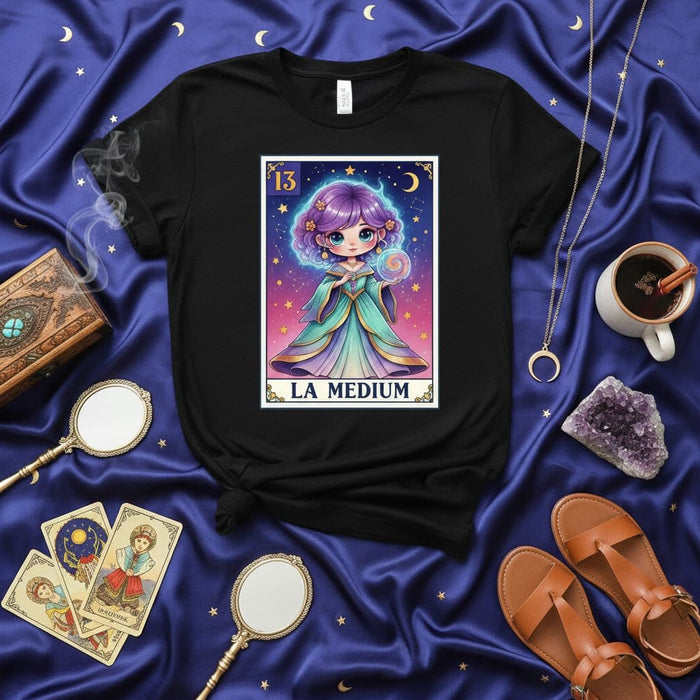 LA MEDIUM Chibi Anime Style Loteria Card T-Shirt, Cute Purple Hair Fortune Teller Design, Mystical Celestial Starry Sky Graphic Tee, Number 13 Tarot Witch Aesthetic Unisex Shirt Mexicada