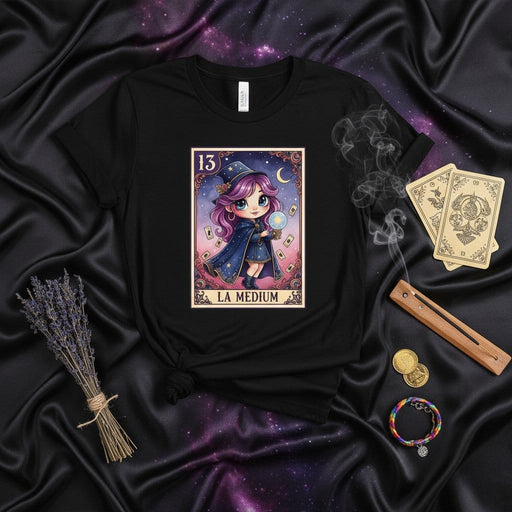 LA MEDIUM Mystical Chibi Witch Tarot Card T-Shirt, Cute La Loteria 13 Medium Graphic Tee, Fortune Teller Divination Magic Shirt, Spiritual Occult Gift Top Mexicada