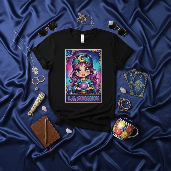 LA MEDIUM Spooky Cute Chibi Tarot Card Style T-Shirt Unisex Mexican Loteria Art Fortune Teller Mediumship Halloween Graphic Tee Gift Mexicada