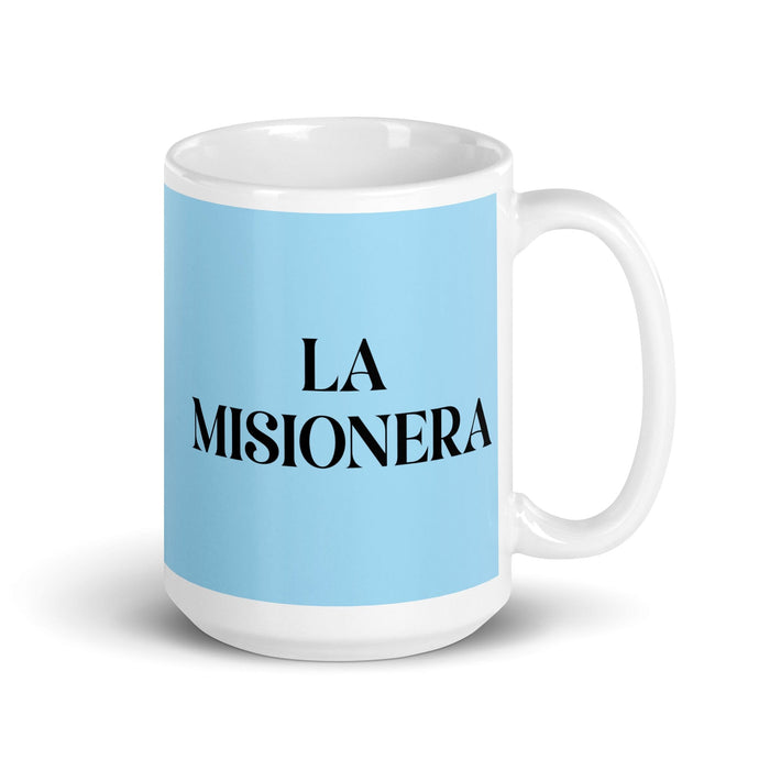 La Misionera The Missionary Funny Home Office Work Coffee Mug Mexican Spanish Pride Gift White Glossy Cup Sky Blue Card Mug Mexicada 15 oz