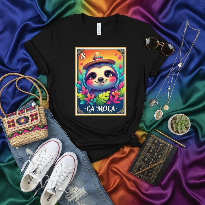 LA MOCA Sloth Loteria Card T-Shirt Cute Cartoon Animal Tee with Sombrero Tropical Leaves Flowers Graphic Unisex Latinx Heritage Gift Apparel Mexicada