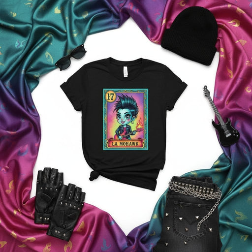 LA MOHAWK Loteria Card Goth Punk Rocker T-Shirt - Unisex Graphic Tee with Chibi Character, Guitar, and Number 17 - Alternative Edgy Fashion Gift Mexicada