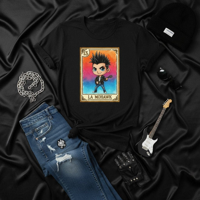 LA MOHAWK Loteria Card Graphic T-Shirt, Punk Rock Guitar Player Tee, Edgy Number 13 Mexican Bingo Inspired Unisex Shirt, Black Goth Style Apparel with Ripped Jeans Outfit Mexicada