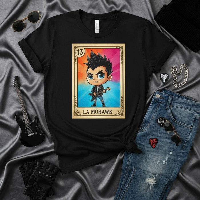 LA MOHAWK Loteria Card T-Shirt, Rocker Punk Guitarist Cartoon Graphic Tee, Unisex Black Shirt, Alternative Subculture Fashion Apparel Mexicada
