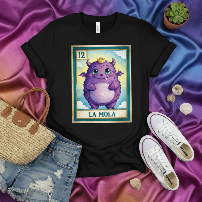 LA MOLA Cute Purple Monster Loteria Card Graphic T-Shirt | Unique Spanish Bingo Game Inspired Tee | Fantasy Creature Design Unisex Shirt | Kawaii Cartoon Style Apparel Gift Mexicada