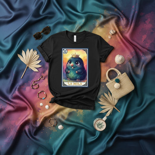 LA MOLA Cute Royal Blue Fluffy Monster Lotería Card Tee, Number 12 King Crown Animal Graphic Unisex T-Shirt, Funny Hispanic Mexican Culture Game Art Apparel Gift Mexicada