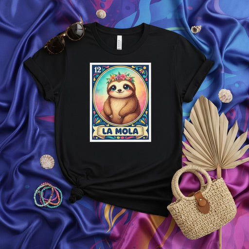 LA MOLA Cute Sloth Lotería Card T-Shirt, Funny Floral Crown Sloth Graphic Tee, Unisex Mexican Bingo Inspired Design Shirt, Number 12 Art Print Apparel Mexicada