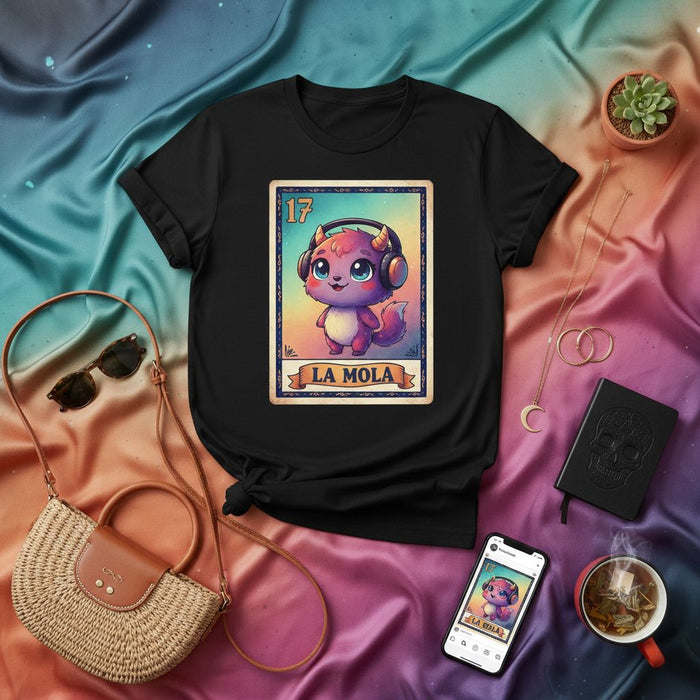 LA MOLA Loteria Card Unisex T-Shirt - Cute Purple Monster with Headphones, Kawaii Cartoon Devil Kitten Graphic Tee, Mexican Bingo Inspired Number 17 Shirt, Aesthetic Gradient Background Apparel Mexicada