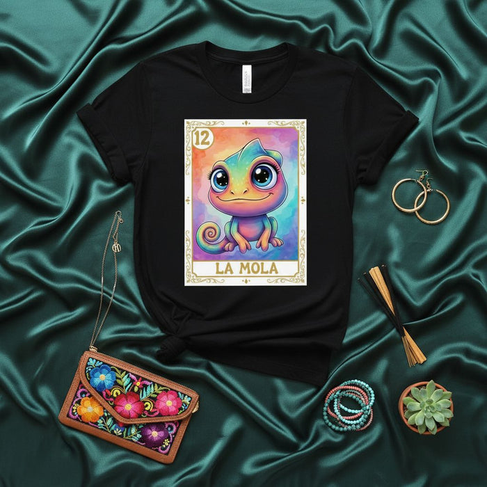 LA MOLA Loteria Card Unisex T-Shirt, Cute Rainbow Chameleon Graphic Tee, Mexican Bingo Inspired Design, Funny Cartoon Lizard Animal Shirt, Number 12 Colorful Art Print Top Mexicada