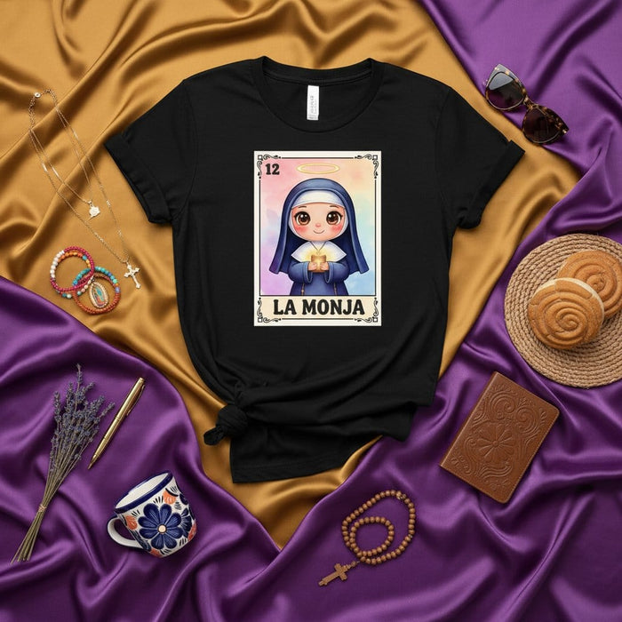 LA MONJA Cute Nun Lotería Card 12 Graphic T-Shirt | Funny Mexican Bingo Game Catholic Religious Humor Unisex Tee Shirt Gift Idea Mexicada