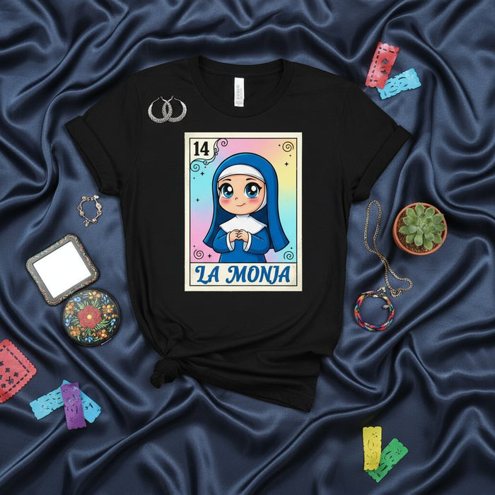 LA MONJA Cute Nun Loteria Card Graphic Tee, Number 14 Mexican Bingo Style Unisex T-Shirt, Religious Kawaii Pastel Design Apparel Gift Mexicada