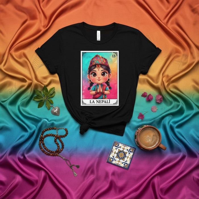 LA NEPALÍ Cute Nepali Girl Loteria Card T-Shirt Unisex Graphic Tee Traditional Culture Art Design Kawaii Portrait Illustration Gift Idea Mexicada