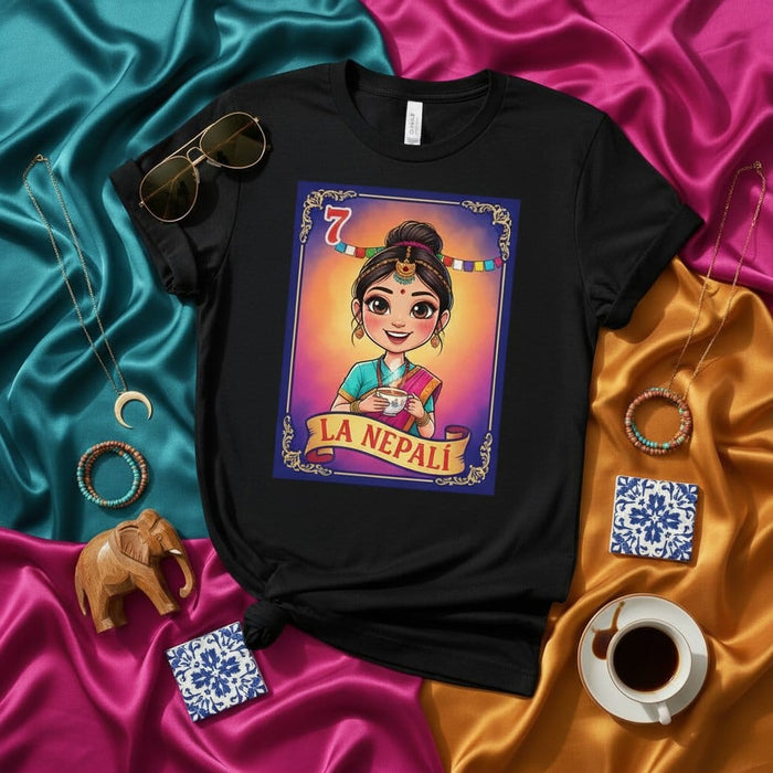 LA NEPALI La Lotería Card 7 Nepali Girl Drinking Tea Black Unisex T-Shirt South Asian Culture Gift Shirt Mexicada