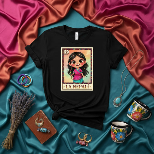 LA NEPALÍ Loteria Card Style T-Shirt, Cute Nepali Girl Illustration, Traditional Festival Fashion, Unisex Black Tee, Unique Cultural Design Apparel Mexicada
