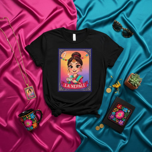 LA NEPALÍ Loteria Card Style T-Shirt - Nepali Woman Tea Lover Gift, Cute Desi Art Tee, South Asian Culture Inspired Unisex Shirt Mexicada