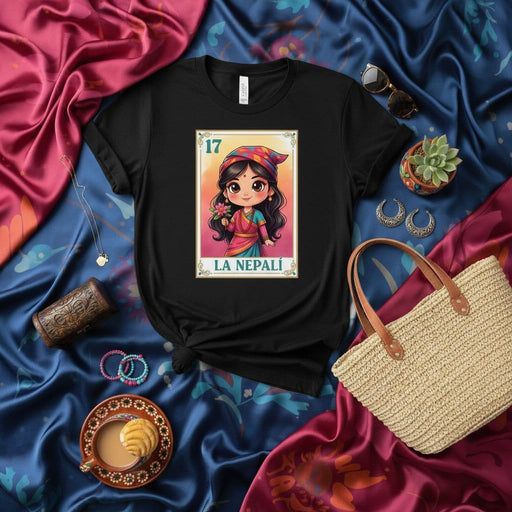 La Nepalí Loteria Card T-Shirt, Cute Cartoon Nepali Girl Art Tee, Traditional Nepali Dress Gift, Unisex Black Graphic Shirt, South Asian Culture Top Mexicada