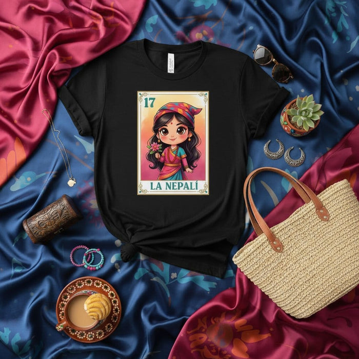 La Nepalí Loteria Card T-Shirt, Cute Cartoon Nepali Girl Art Tee, Traditional Nepali Dress Gift, Unisex Black Graphic Shirt, South Asian Culture Top Mexicada