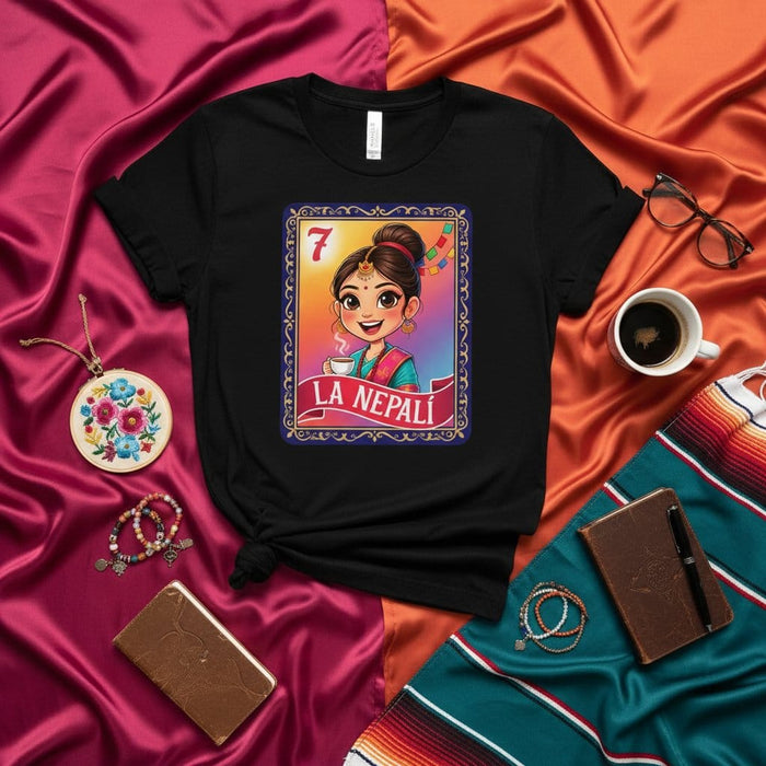 LA NEPALI Lotería Card T-Shirt, Cute Nepali Girl Holding Tea, Mexican Bingo Inspired Graphic Tee, Number 7 Unique South Asian Culture Design, Unisex Black Shirt Gift Mexicada