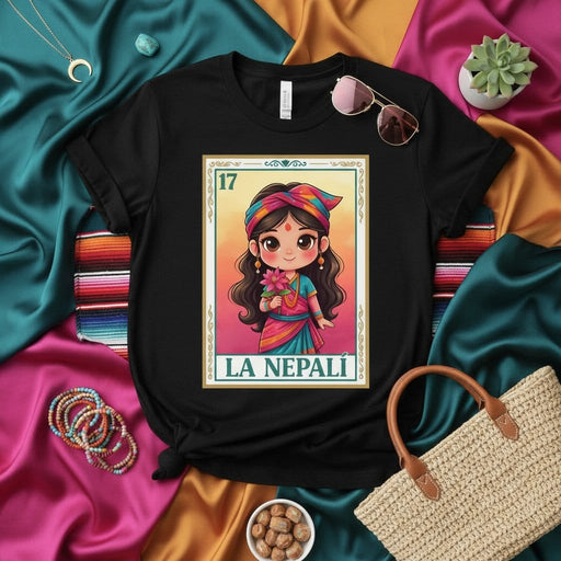 LA NEPALÍ Loteria Card T-Shirt, Cute Nepali Girl Illustration, Traditional South Asian Inspired Design, Unisex Graphic Tee, Number 17 Card, Cultural Pride Shirt Mexicada